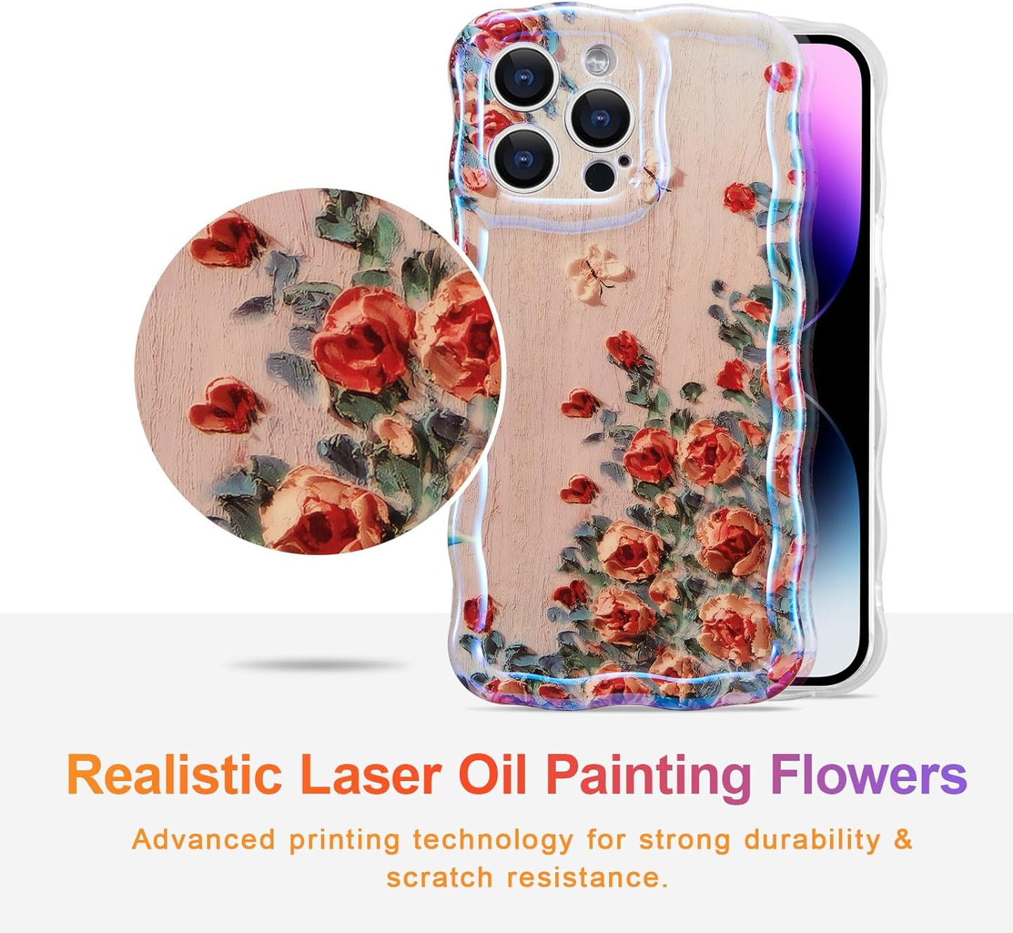 Phone Case for iPhone 15 Pro Max. Colorful Retro Oil Painting Printed Flower Laser Glossy Pattern Cute Curly Wave Edge Exquisite Phone Cover Stylish Durable TPU Protective Case for Girls Women
