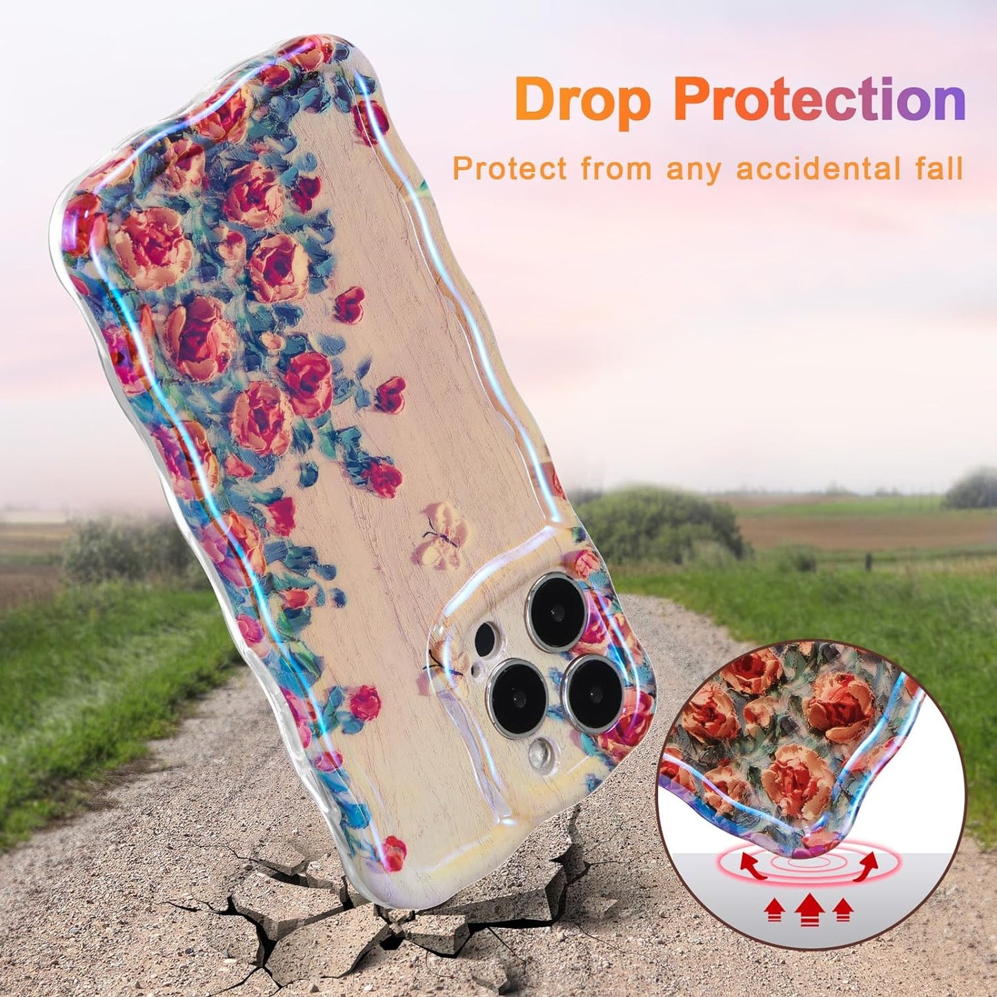 Phone Case for iPhone 15 Pro Max. Colorful Retro Oil Painting Printed Flower Laser Glossy Pattern Cute Curly Wave Edge Exquisite Phone Cover Stylish Durable TPU Protective Case for Girls Women