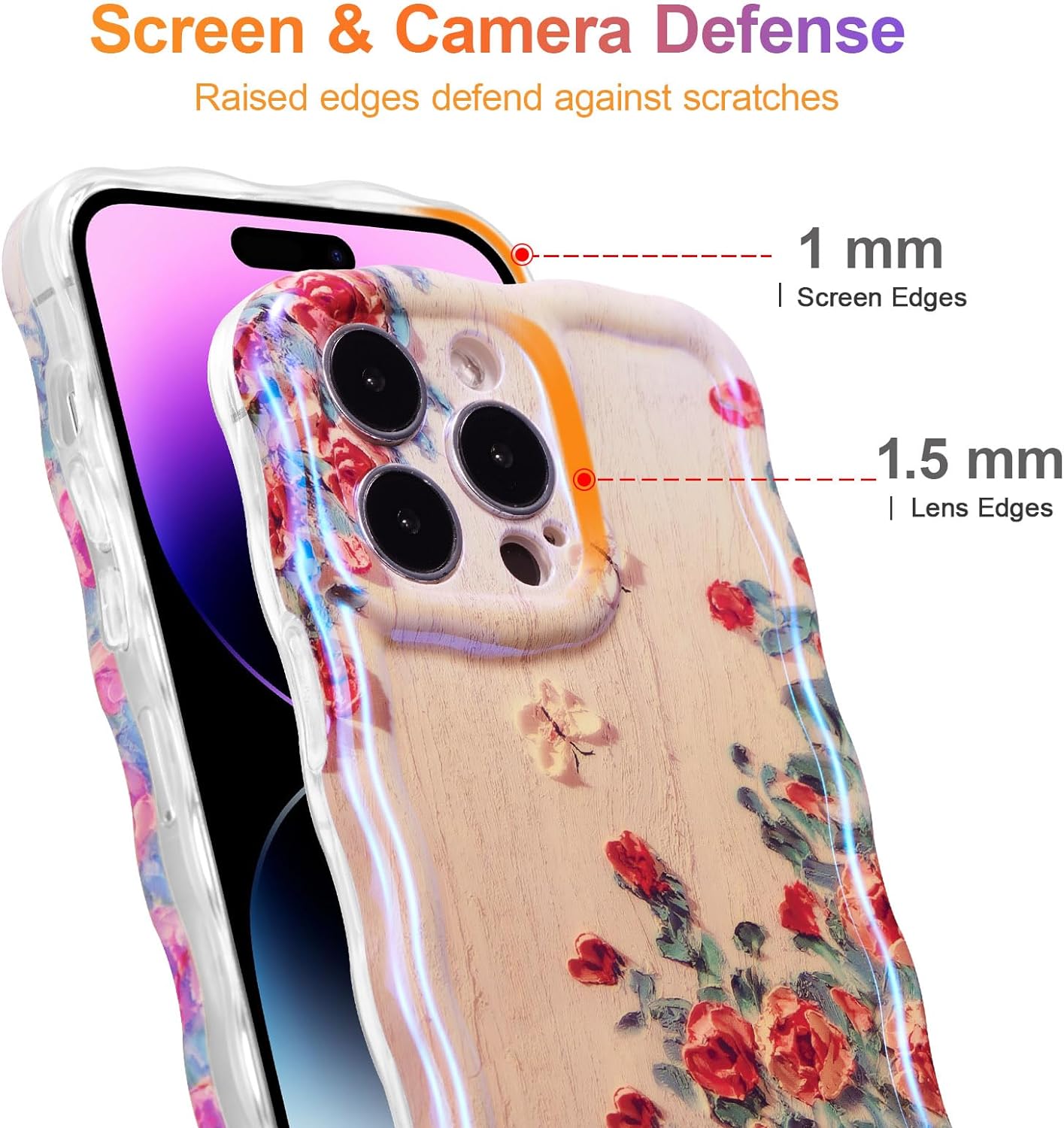 Phone Case for iPhone 15 Pro Max. Colorful Retro Oil Painting Printed Flower Laser Glossy Pattern Cute Curly Wave Edge Exquisite Phone Cover Stylish Durable TPU Protective Case for Girls Women