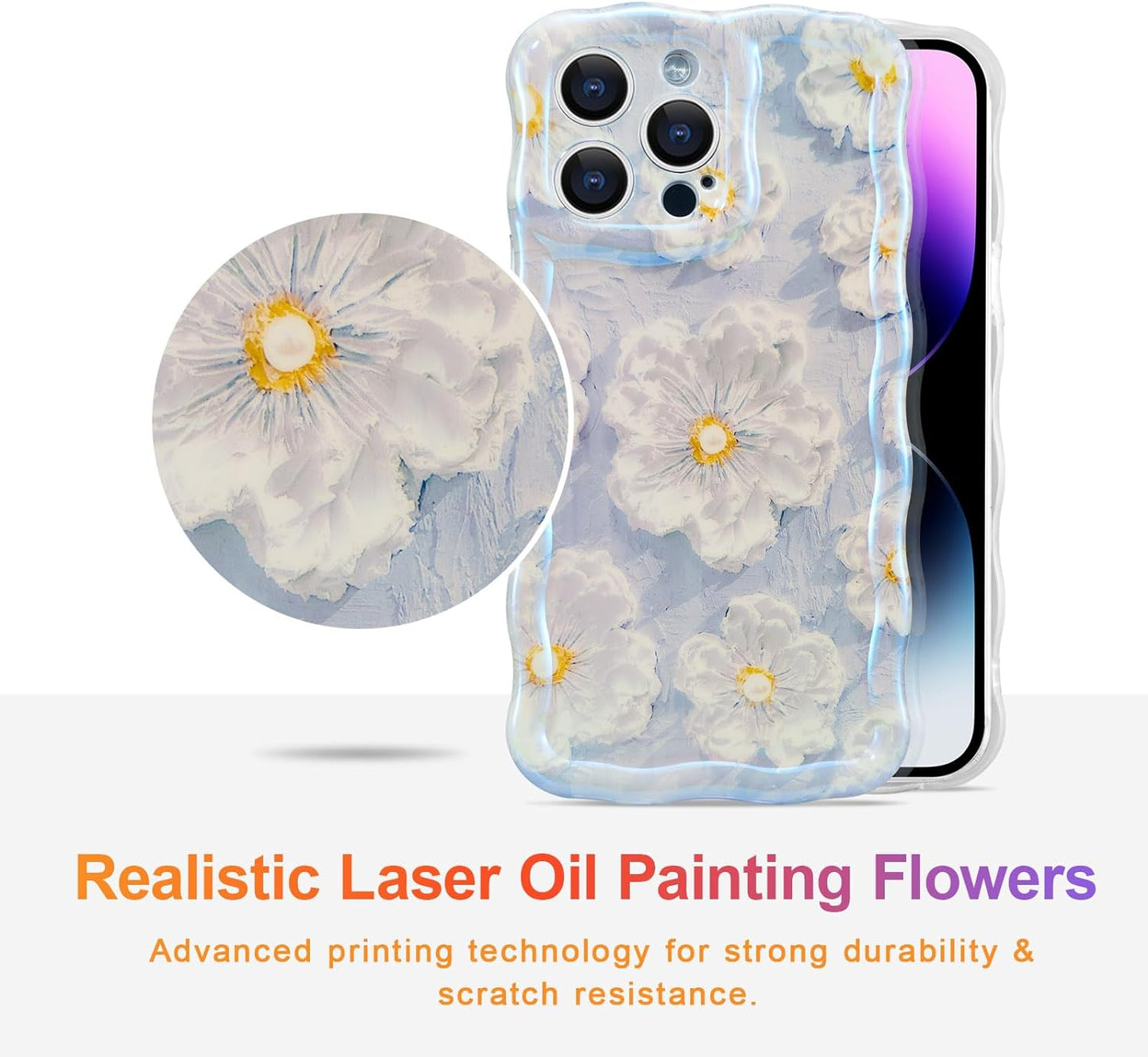 Phone Case for iPhone 15 Pro Max. Colorful Retro Oil Painting Printed Flower Laser Glossy Pattern Cute Curly Wave Edge Exquisite Phone Cover Stylish Durable TPU Protective Case for Girls Women