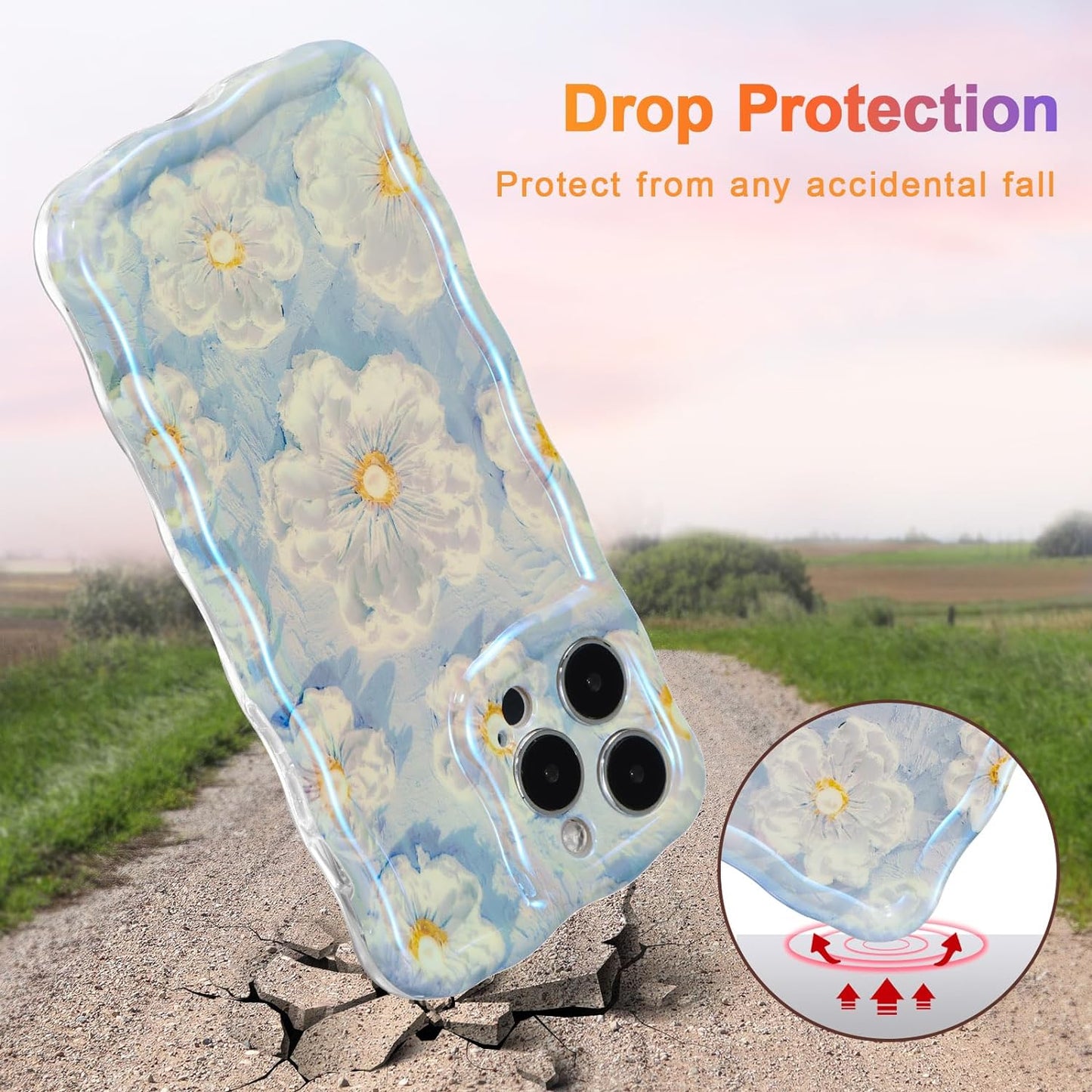 Phone Case for iPhone 15 Pro Max. Colorful Retro Oil Painting Printed Flower Laser Glossy Pattern Cute Curly Wave Edge Exquisite Phone Cover Stylish Durable TPU Protective Case for Girls Women