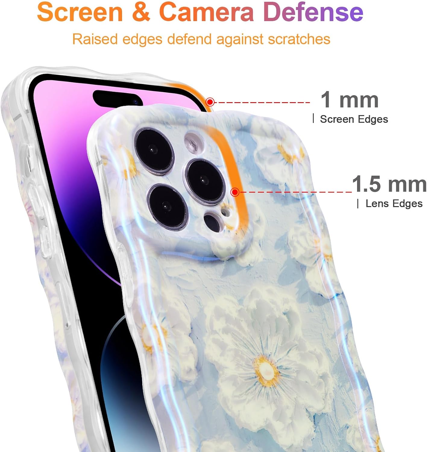 Phone Case for iPhone 15 Pro Max. Colorful Retro Oil Painting Printed Flower Laser Glossy Pattern Cute Curly Wave Edge Exquisite Phone Cover Stylish Durable TPU Protective Case for Girls Women