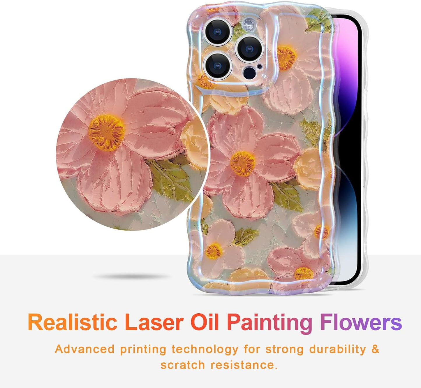 Phone Case for iPhone 15 Pro Max. Colorful Retro Oil Painting Printed Flower Laser Glossy Pattern Cute Curly Wave Edge Exquisite Phone Cover Stylish Durable TPU Protective Case for Girls Women