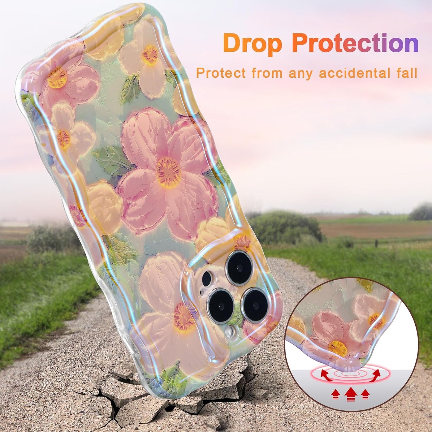 Phone Case for iPhone 15 Pro Max. Colorful Retro Oil Painting Printed Flower Laser Glossy Pattern Cute Curly Wave Edge Exquisite Phone Cover Stylish Durable TPU Protective Case for Girls Women