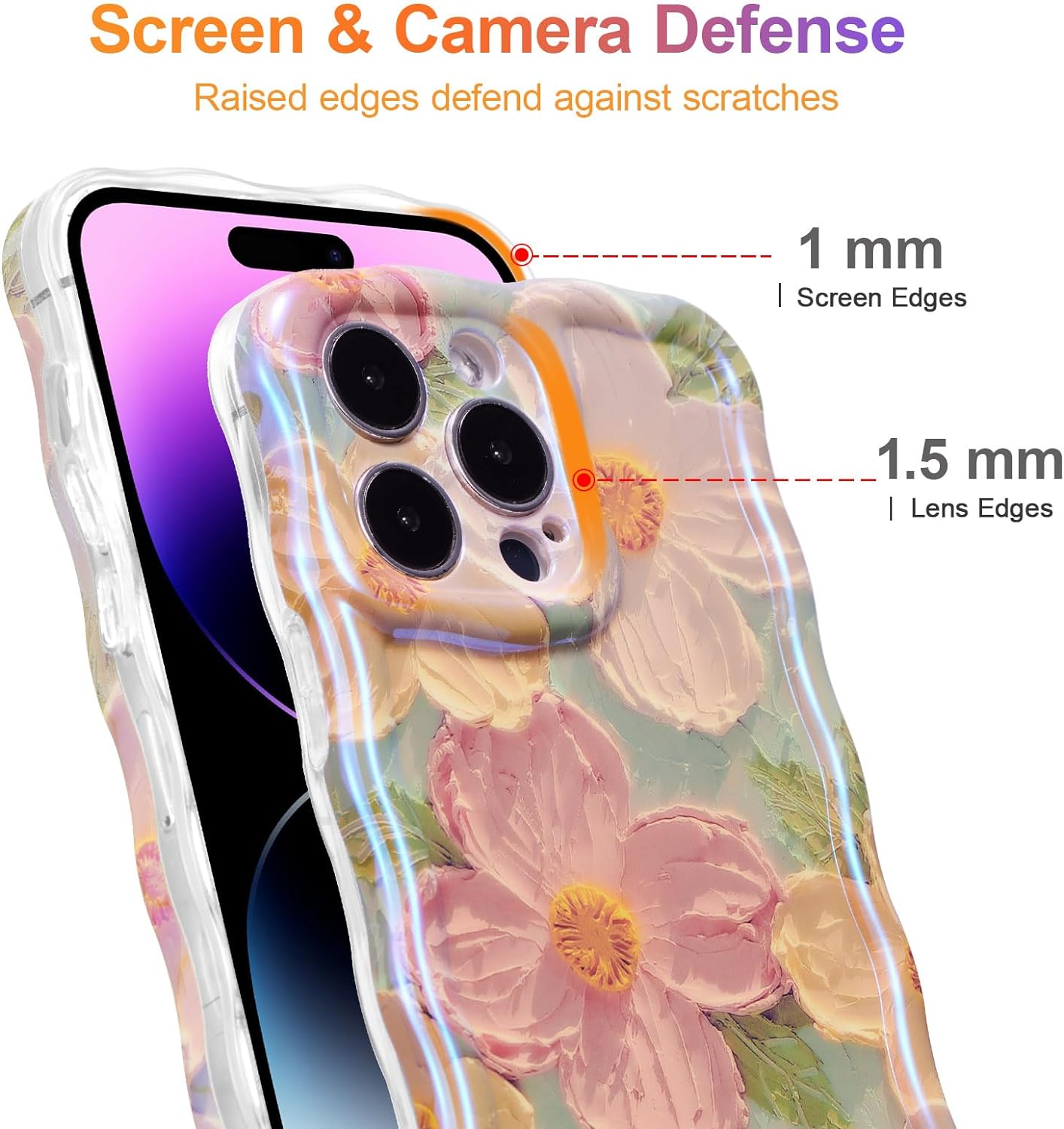 Phone Case for iPhone 15 Pro Max. Colorful Retro Oil Painting Printed Flower Laser Glossy Pattern Cute Curly Wave Edge Exquisite Phone Cover Stylish Durable TPU Protective Case for Girls Women
