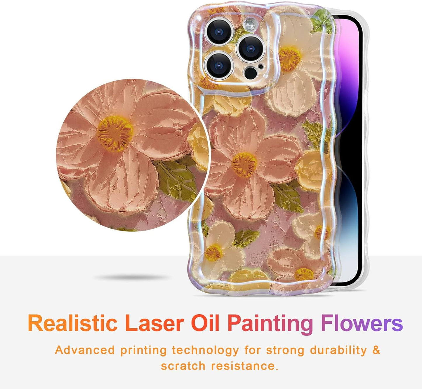 Phone Case for iPhone 15 Pro Max. Colorful Retro Oil Painting Printed Flower Laser Glossy Pattern Cute Curly Wave Edge Exquisite Phone Cover Stylish Durable TPU Protective Case for Girls Women