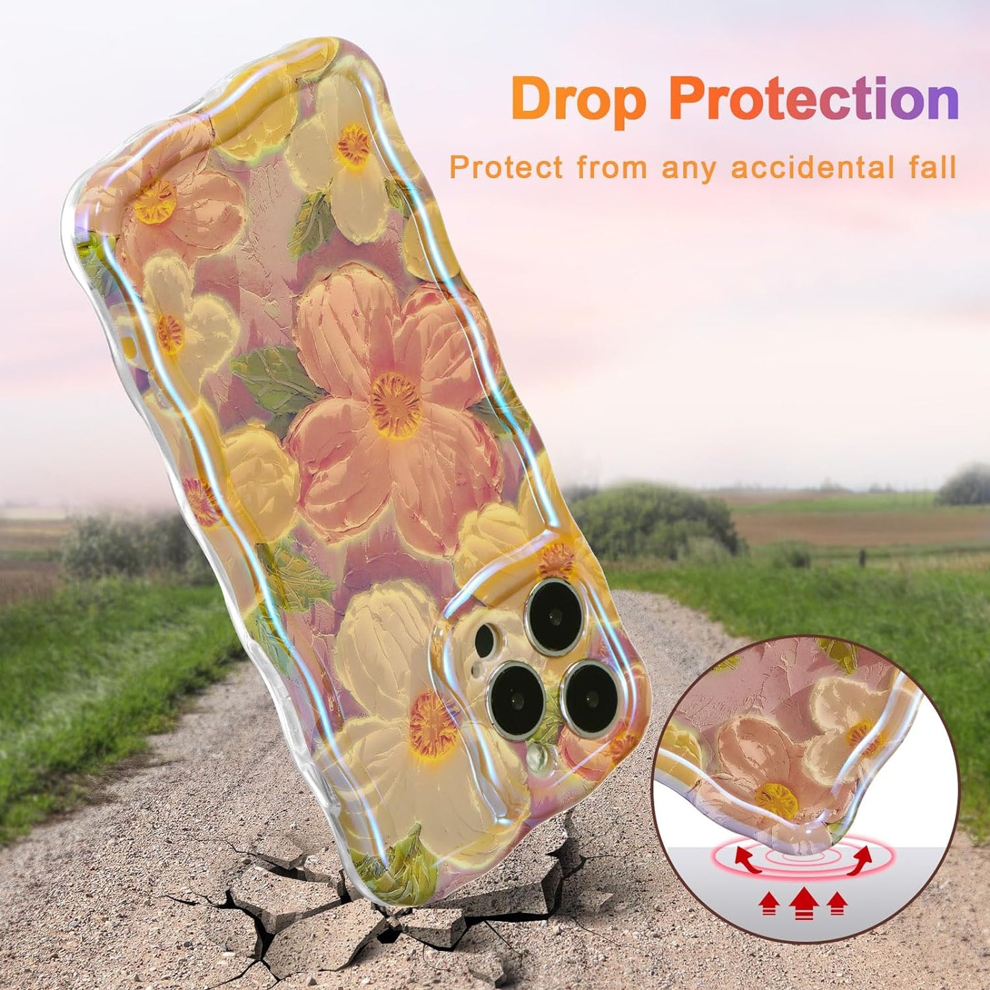 Phone Case for iPhone 15 Pro Max. Colorful Retro Oil Painting Printed Flower Laser Glossy Pattern Cute Curly Wave Edge Exquisite Phone Cover Stylish Durable TPU Protective Case for Girls Women