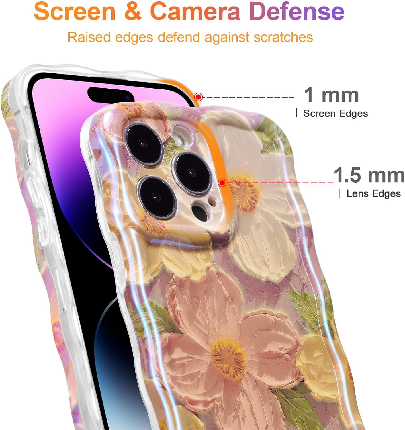 Phone Case for iPhone 15 Pro Max. Colorful Retro Oil Painting Printed Flower Laser Glossy Pattern Cute Curly Wave Edge Exquisite Phone Cover Stylish Durable TPU Protective Case for Girls Women