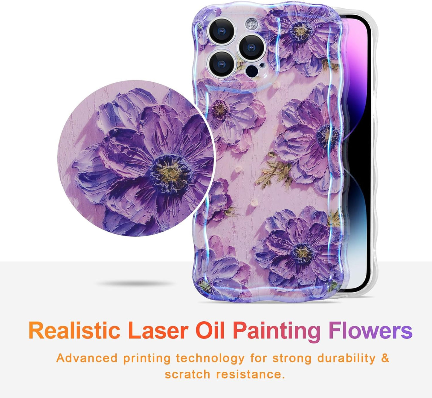 Phone Case for iPhone 15 Pro Max. Colorful Retro Oil Painting Printed Flower Laser Glossy Pattern Cute Curly Wave Edge Exquisite Phone Cover Stylish Durable TPU Protective Case for Girls Women