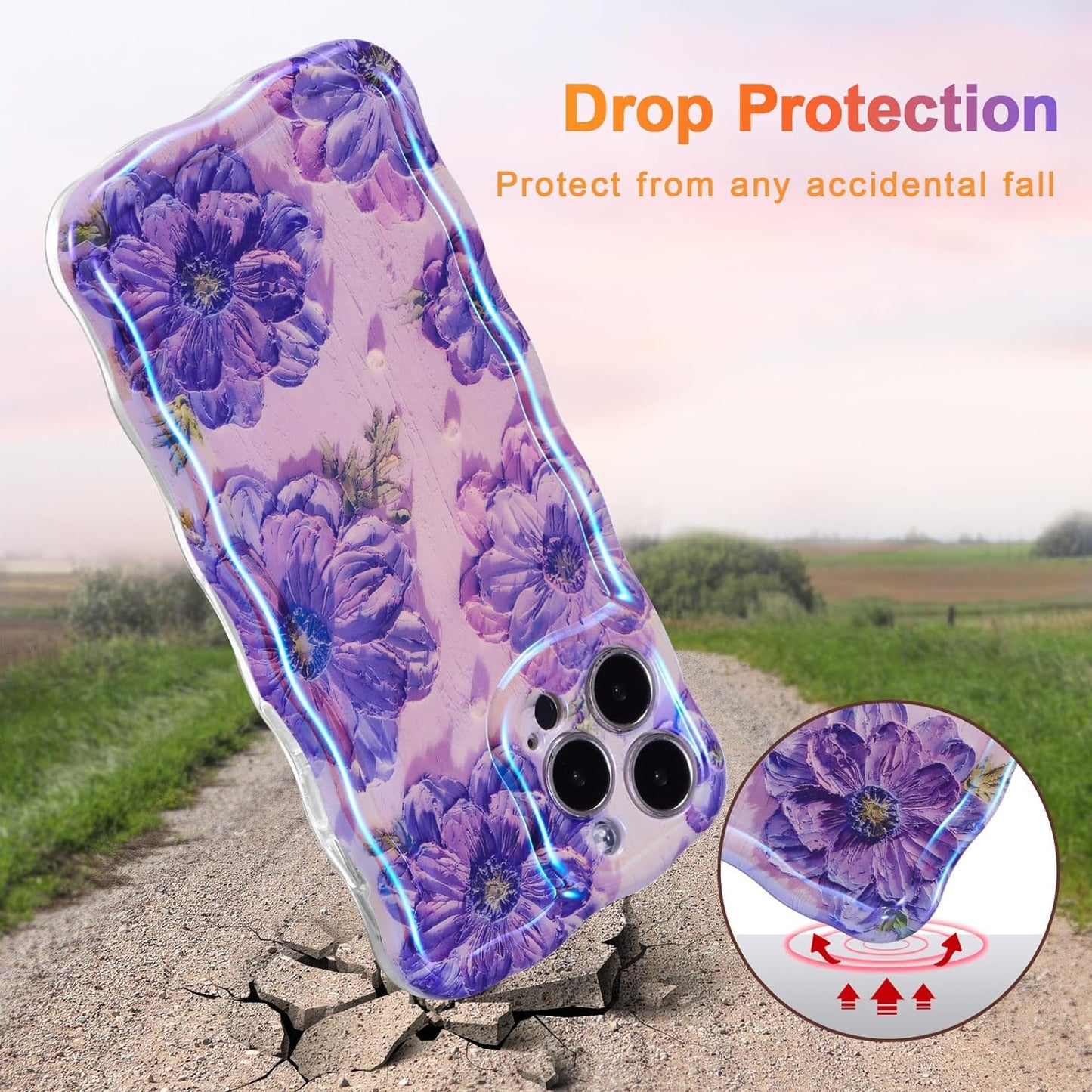 Phone Case for iPhone 15 Pro Max. Colorful Retro Oil Painting Printed Flower Laser Glossy Pattern Cute Curly Wave Edge Exquisite Phone Cover Stylish Durable TPU Protective Case for Girls Women