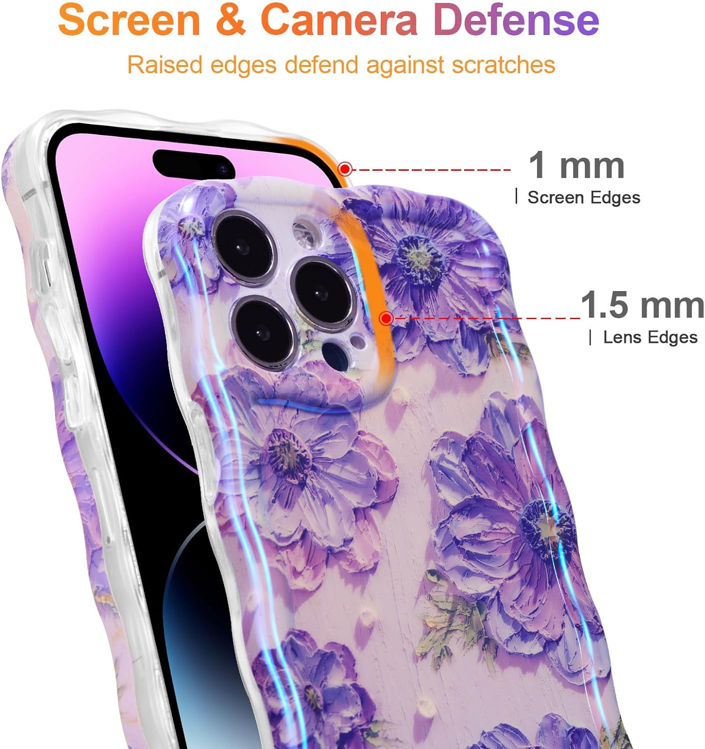 Phone Case for iPhone 15 Pro Max. Colorful Retro Oil Painting Printed Flower Laser Glossy Pattern Cute Curly Wave Edge Exquisite Phone Cover Stylish Durable TPU Protective Case for Girls Women