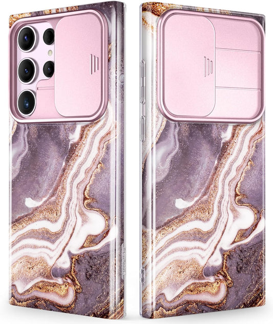 Samsung Galaxy S24 Ultra Case with Slide Camera Cover+Screen Protector. [Military Grade Shockproof] Marble Protective Phone Case for S24 Ultra 5G 6.8