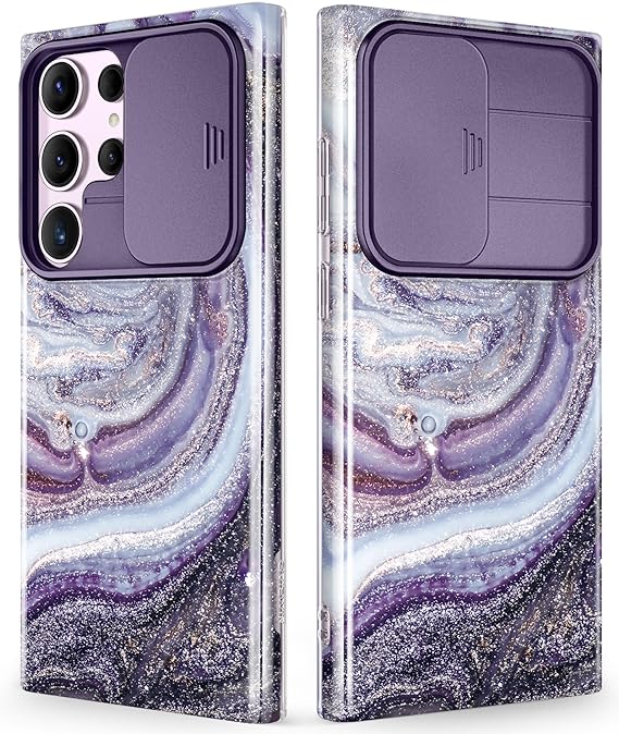 Samsung Galaxy S24 Ultra Case with Slide Camera Cover+Screen Protector. [Military Grade Shockproof] Marble Protective Phone Case for S24 Ultra 5G 6.8
