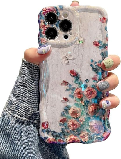 Phone Case for iPhone 15 Pro Max. Colorful Retro Oil Painting Printed Flower Laser Glossy Pattern Cute Curly Wave Edge Exquisite Phone Cover Stylish Durable TPU Protective Case for Girls Women