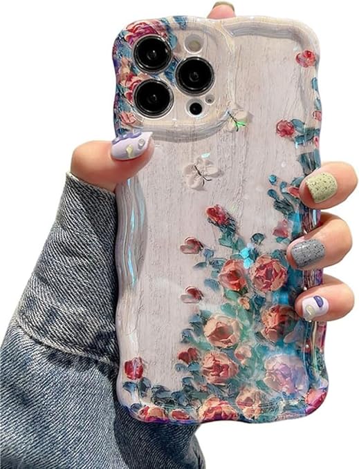 Phone Case for iPhone 15 Pro Max. Colorful Retro Oil Painting Printed Flower Laser Glossy Pattern Cute Curly Wave Edge Exquisite Phone Cover Stylish Durable TPU Protective Case for Girls Women