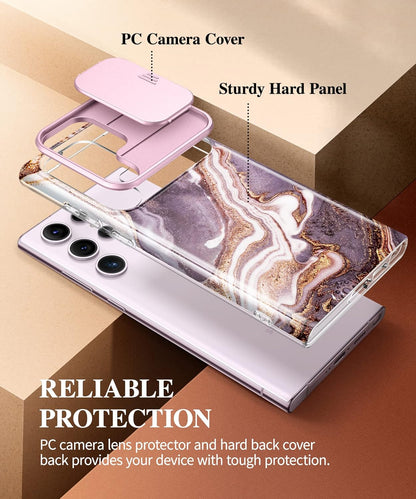 Samsung Galaxy S24 Ultra Case with Slide Camera Cover+Screen Protector. [Military Grade Shockproof] Marble Protective Phone Case for S24 Ultra 5G 6.8