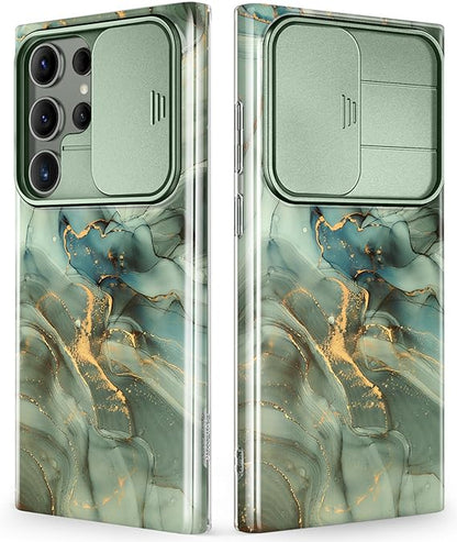 Samsung Galaxy S24 Ultra Case with Slide Camera Cover+Screen Protector. [Military Grade Shockproof] Marble Protective Phone Case for S24 Ultra 5G 6.8