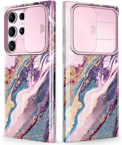 Samsung Galaxy S24 Ultra Case with Slide Camera Cover+Screen Protector. [Military Grade Shockproof] Marble Protective Phone Case for S24 Ultra 5G 6.8