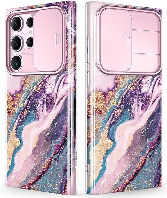 Samsung Galaxy S24 Ultra Case with Slide Camera Cover+Screen Protector. [Military Grade Shockproof] Marble Protective Phone Case for S24 Ultra 5G 6.8