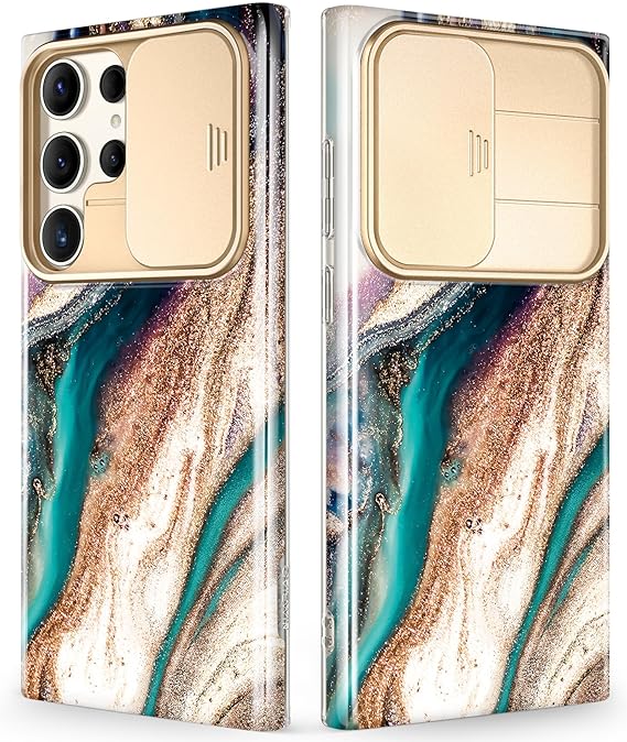Samsung Galaxy S24 Ultra Case with Slide Camera Cover+Screen Protector. [Military Grade Shockproof] Marble Protective Phone Case for S24 Ultra 5G 6.8