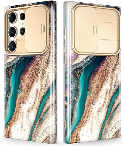 Samsung Galaxy S24 Ultra Case with Slide Camera Cover+Screen Protector. [Military Grade Shockproof] Marble Protective Phone Case for S24 Ultra 5G 6.8
