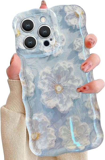 Phone Case for iPhone 15 Pro Max. Colorful Retro Oil Painting Printed Flower Laser Glossy Pattern Cute Curly Wave Edge Exquisite Phone Cover Stylish Durable TPU Protective Case for Girls Women