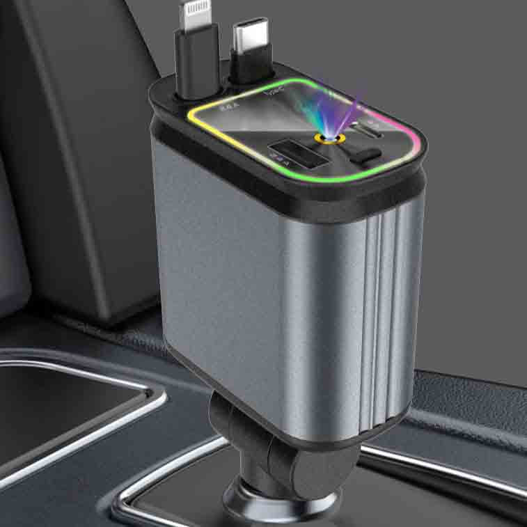 4-in-1 Car Mobile Phone Charger Dual Retractable Cable with Star Top Projection Lamp