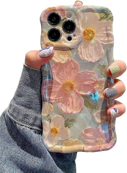 Phone Case for iPhone 15 Pro Max. Colorful Retro Oil Painting Printed Flower Laser Glossy Pattern Cute Curly Wave Edge Exquisite Phone Cover Stylish Durable TPU Protective Case for Girls Women