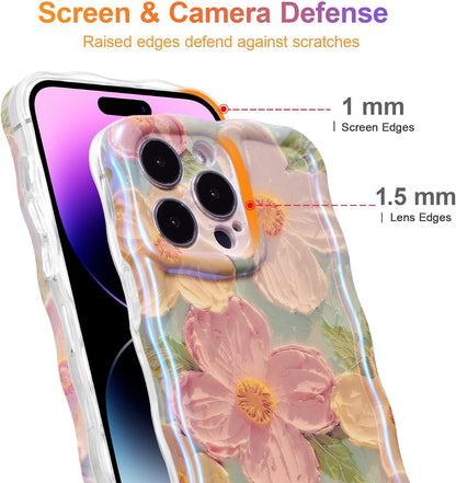 Phone Case for iPhone 15 Pro Max. Colorful Retro Oil Painting Printed Flower Laser Glossy Pattern Cute Curly Wave Edge Exquisite Phone Cover Stylish Durable TPU Protective Case for Girls Women