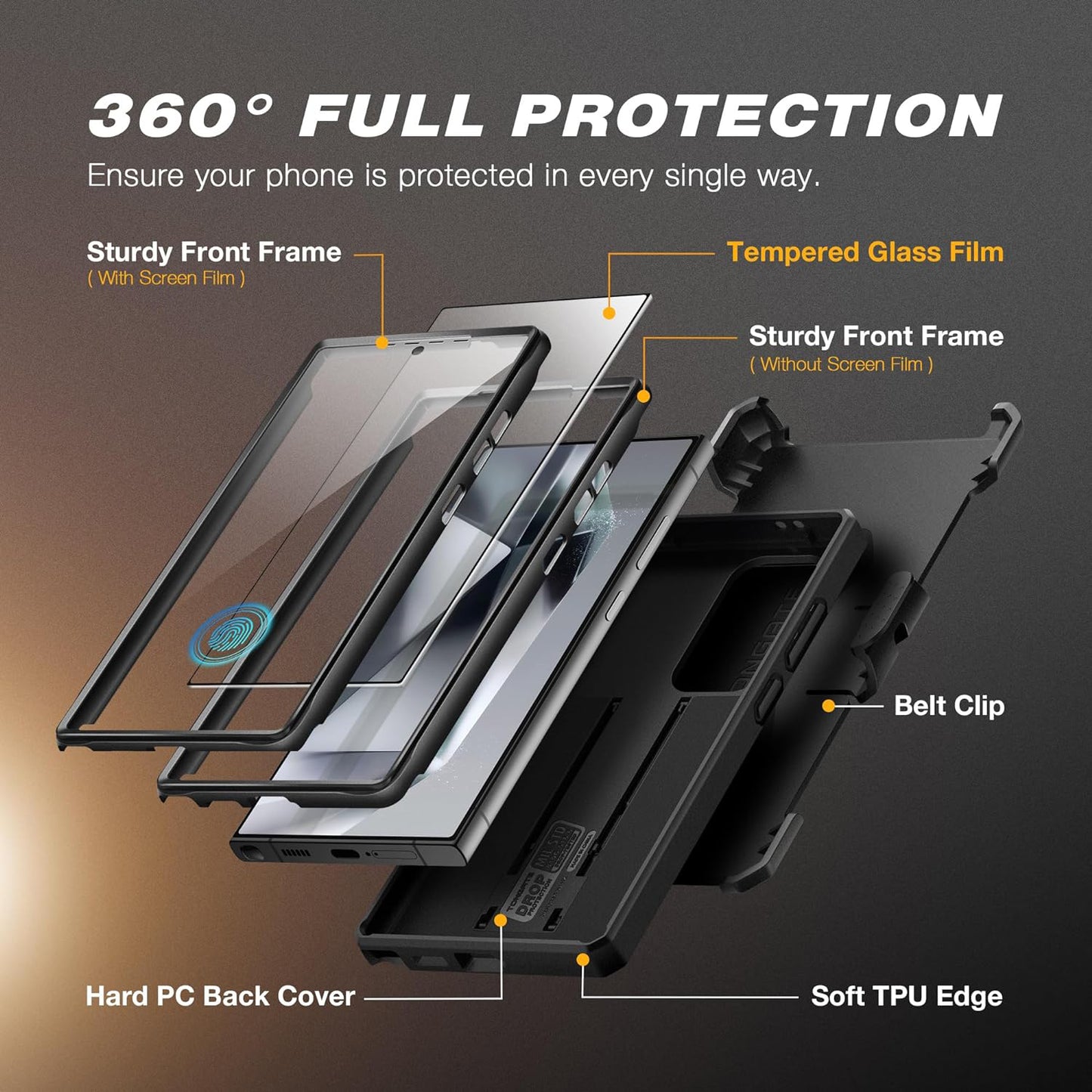 Samsung Galaxy S24 Ultra Case. [Bulit-in Screen Protector & Slide Camera Cover] [2 Front Frame] Military Grade Shockproof Phone Case with Kickstand & Belt-Clip 6.8