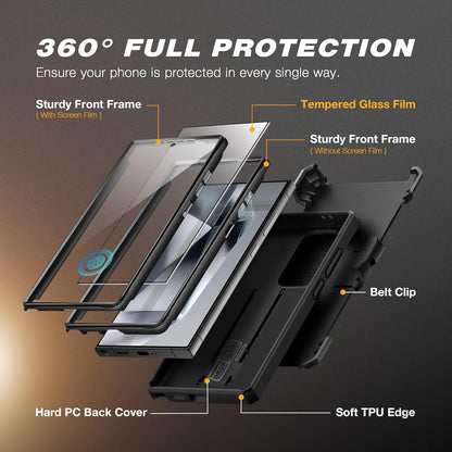 Samsung Galaxy S24 Ultra Case. [Bulit-in Screen Protector & Slide Camera Cover] [2 Front Frame] Military Grade Shockproof Phone Case with Kickstand & Belt-Clip 6.8
