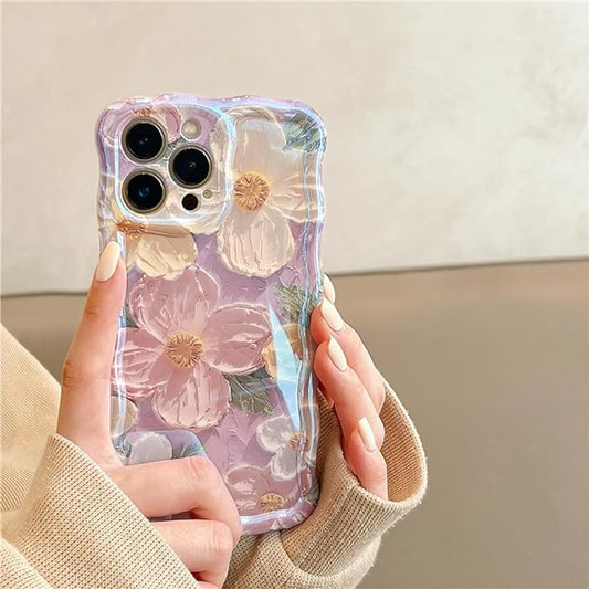 Phone Case for iPhone 15 Pro Max. Colorful Retro Oil Painting Printed Flower Laser Glossy Pattern Cute Curly Wave Edge Exquisite Phone Cover Stylish Durable TPU Protective Case for Girls Women