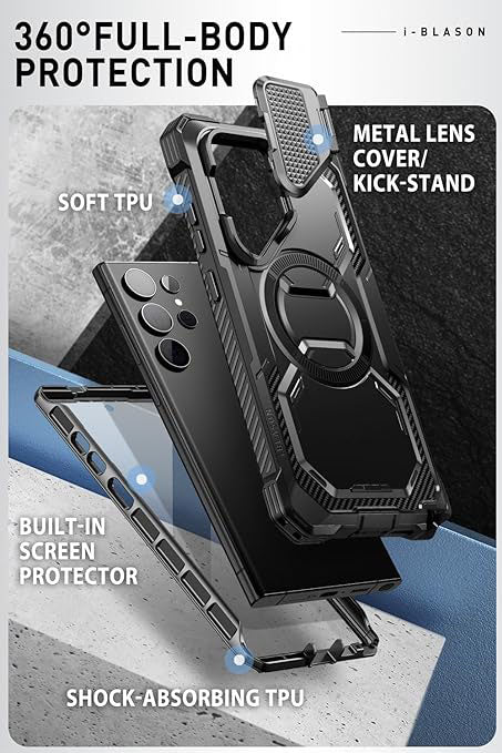 Samsung Galaxy S24 Ultra Case with Camera Cover Stand. [S Pen & Wireless Charging Compatible] Full-Body Rugged Protective Case with Built-in Screen Protector & Kickstand