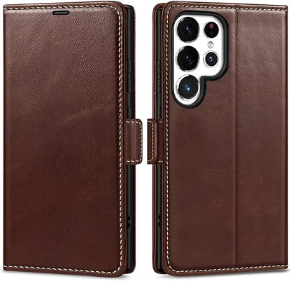 Phone case for Galaxy S24 Ultra 5G 6.8. Genuine Leather S24 Ultra Wallet Folio Case Magnetic Closure RFID Blocking Card Slot Kickstand Protective Case Compatible with Galaxy S24 Ultra 2024