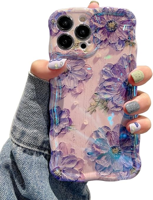 Phone Case for iPhone 15 Pro Max. Colorful Retro Oil Painting Printed Flower Laser Glossy Pattern Cute Curly Wave Edge Exquisite Phone Cover Stylish Durable TPU Protective Case for Girls Women