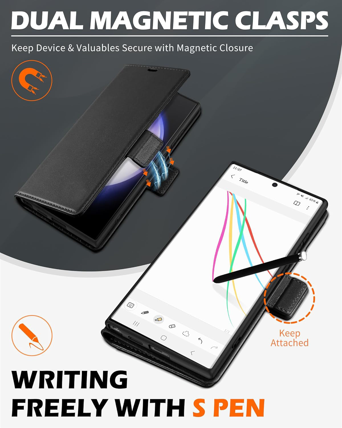 Phone case for Galaxy S24 Ultra 5G 6.8. Genuine Leather S24 Ultra Wallet Folio Case Magnetic Closure RFID Blocking Card Slot Kickstand Protective Case Compatible with Galaxy S24 Ultra 2024