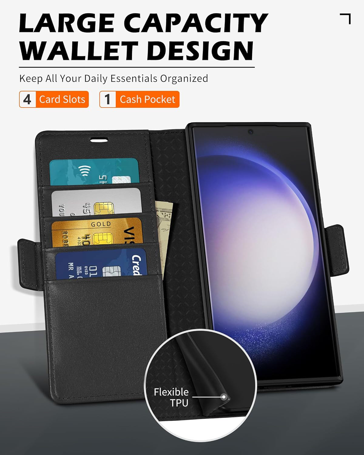 Phone case for Galaxy S24 Ultra 5G 6.8. Genuine Leather S24 Ultra Wallet Folio Case Magnetic Closure RFID Blocking Card Slot Kickstand Protective Case Compatible with Galaxy S24 Ultra 2024