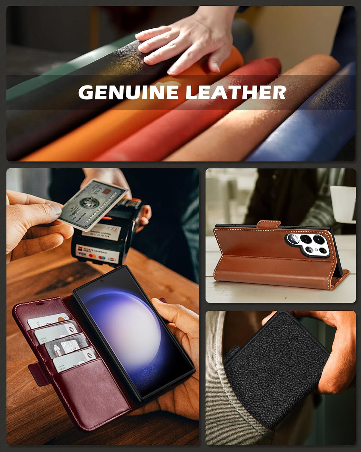Phone case for Galaxy S24 Ultra 5G 6.8. Genuine Leather S24 Ultra Wallet Folio Case Magnetic Closure RFID Blocking Card Slot Kickstand Protective Case Compatible with Galaxy S24 Ultra 2024