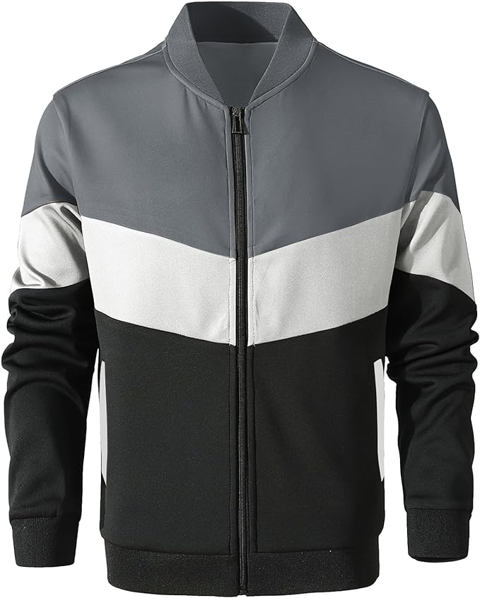 Mens Varsity Jacket Casual Color Block Bomber Jacket Lightweight Coat