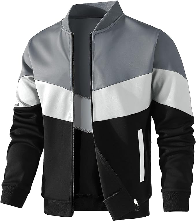 Mens Varsity Jacket Casual Color Block Bomber Jacket Lightweight Coat
