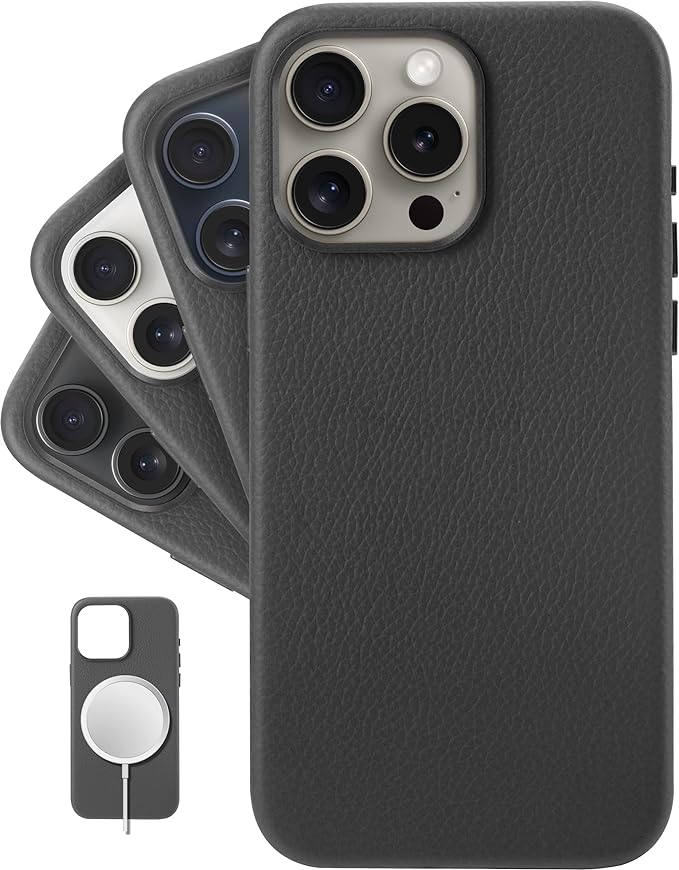 iPhone 15 Pro Max - European Genuine Pebble Leather Phone Case with Aluminium Camera Frame [Compatible with Magsafe]