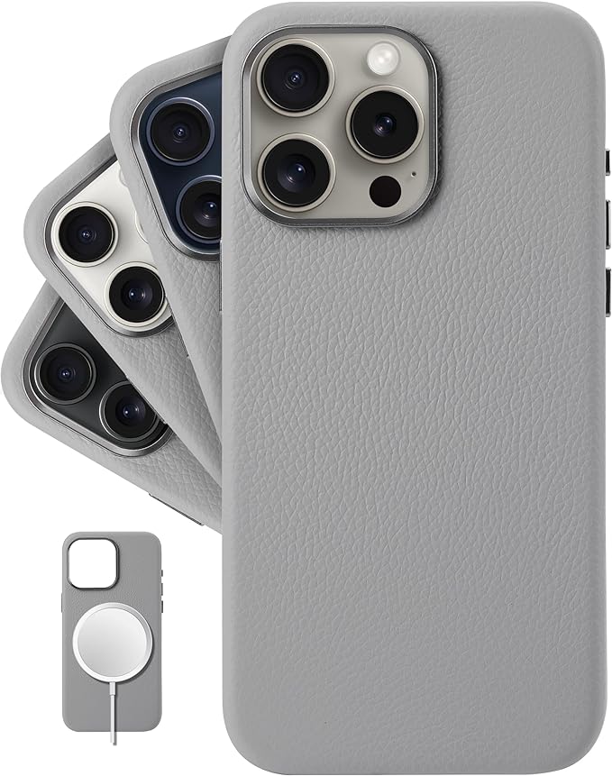 iPhone 15 Pro Max - European Genuine Pebble Leather Phone Case with Aluminium Camera Frame [Compatible with Magsafe]