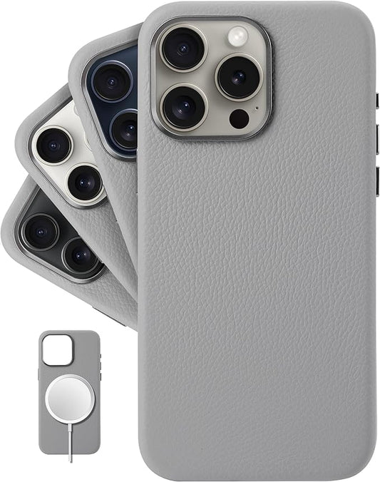 iPhone 15 Pro Max - European Genuine Pebble Leather Phone Case with Aluminium Camera Frame [Compatible with Magsafe]