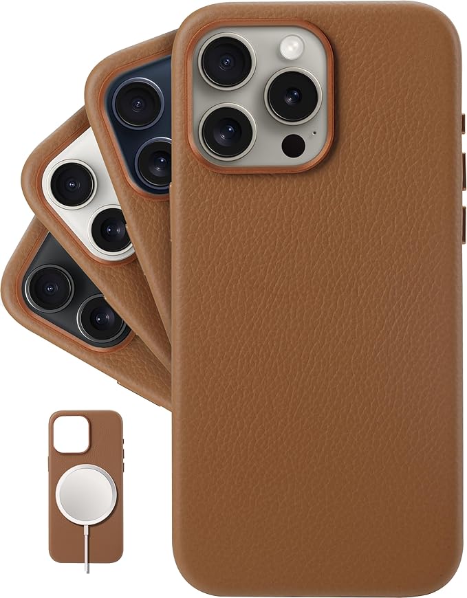 iPhone 15 Pro Max - European Genuine Pebble Leather Phone Case with Aluminium Camera Frame [Compatible with Magsafe]