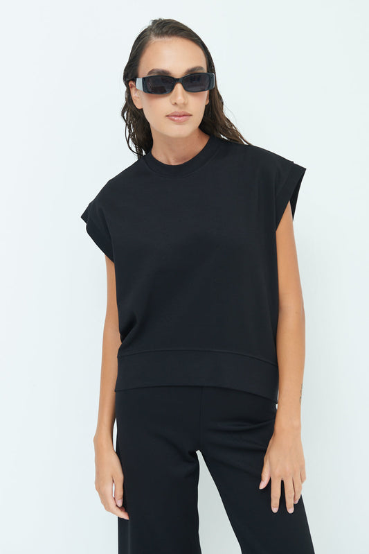 Sleeveless crew neck top with rolled sleeves wholesale