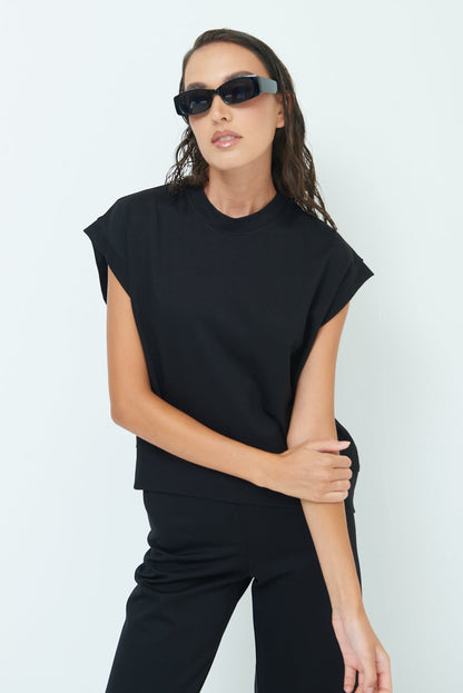 Sleeveless crew neck top with rolled sleeves wholesale