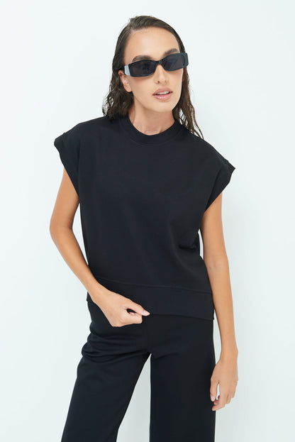 Sleeveless crew neck top with rolled sleeves wholesale