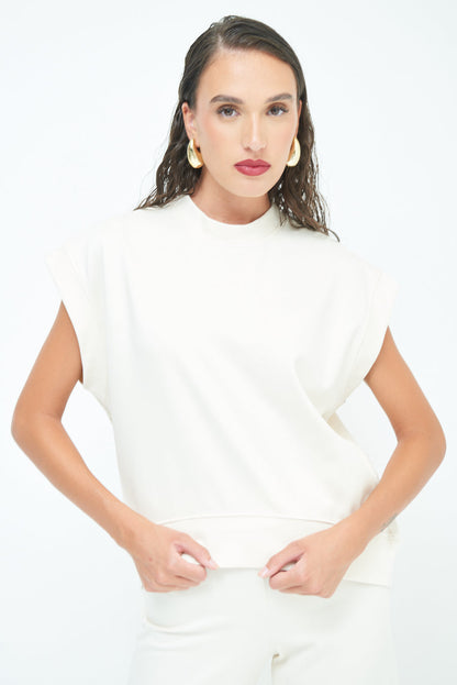 Sleeveless crew neck top with rolled sleeves wholesale