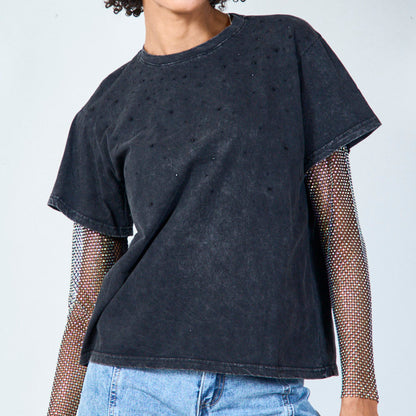 Mesh sleeve studded top wholesale
