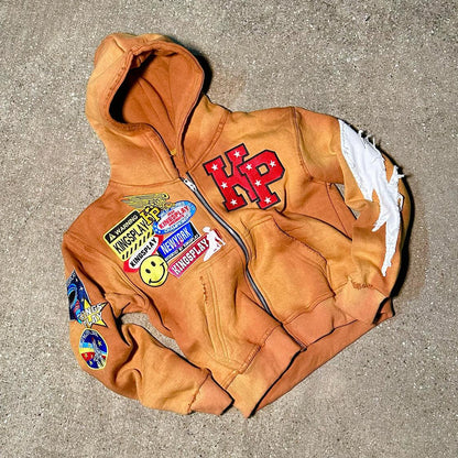 Vintage washed patch zipper hoodie